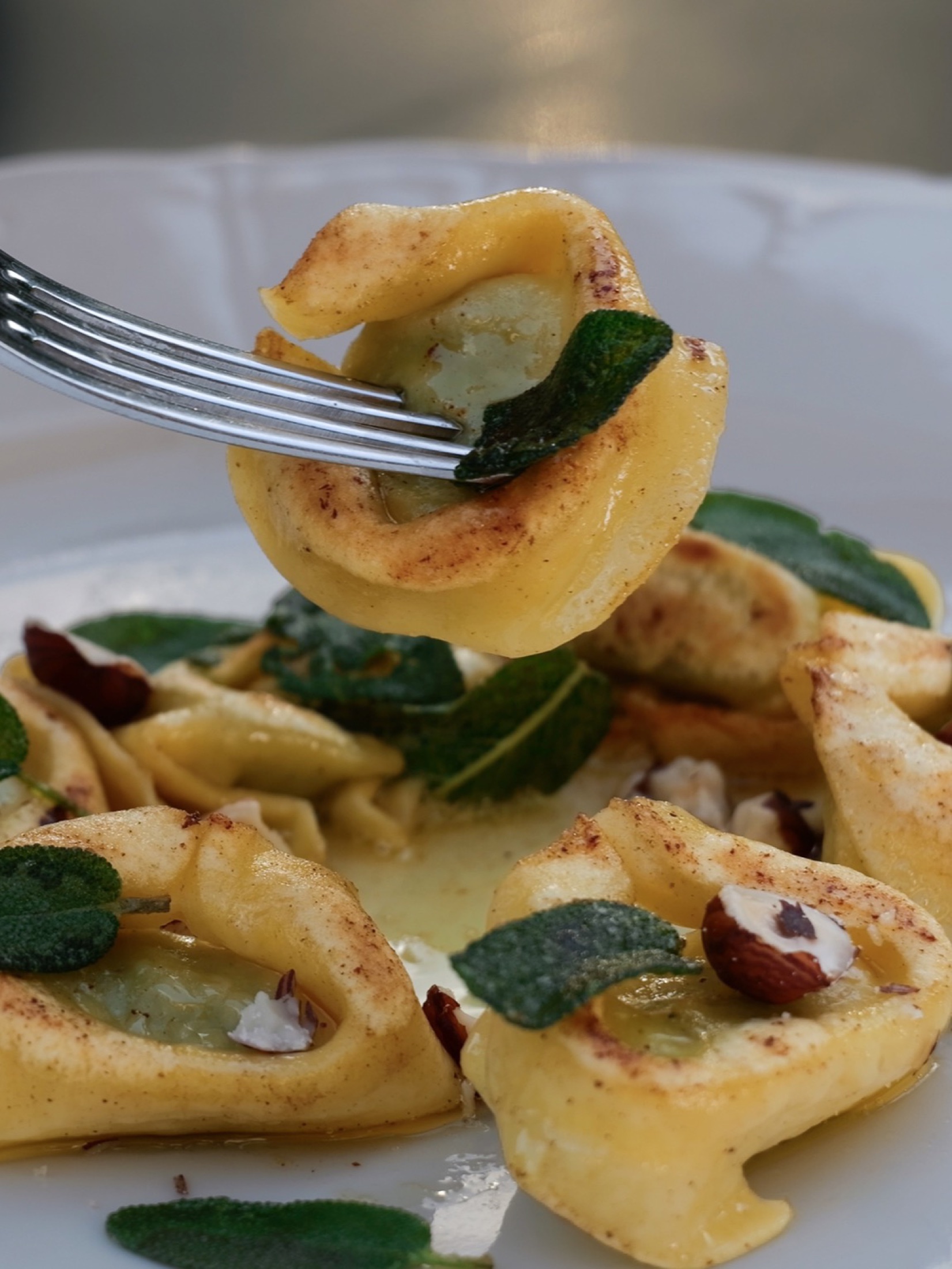 Tortellinis dressés, gros plan à la fourchette